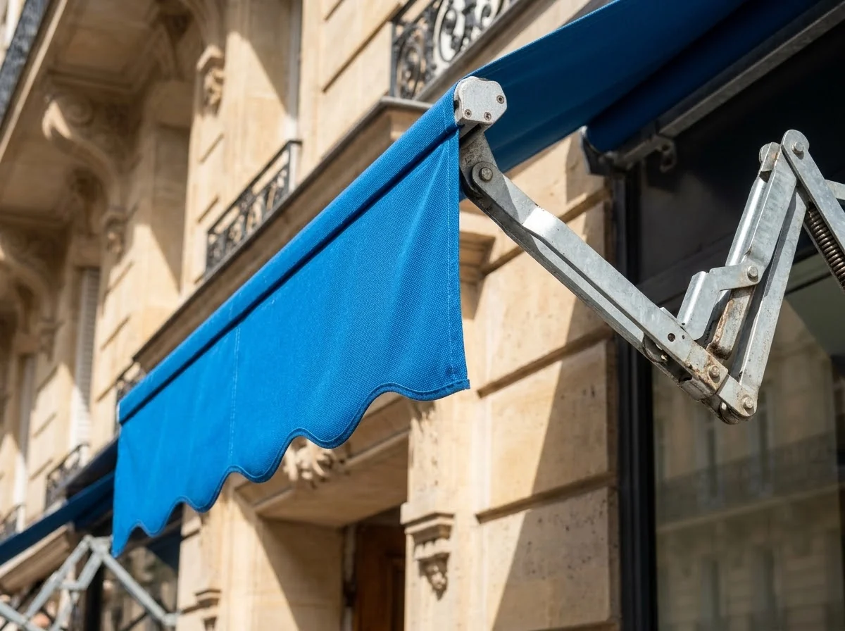 Détail de la toile bleue et du bras articulé d’un store banne
