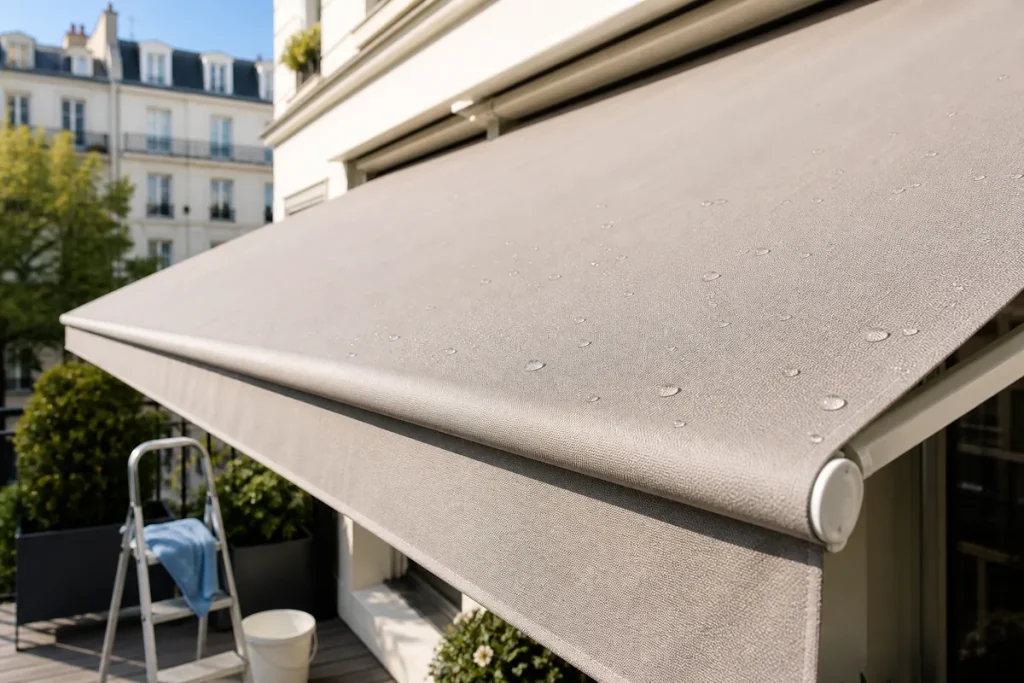 gouttes d’eau sur toile de store banne après nettoyage