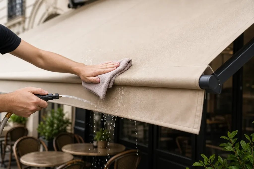 rinçage doux d’un store banne avec microfibre
